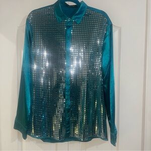 Jogal Teal Sequin Men's Button Down shirt L